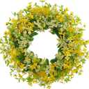 24”-26” Yellow Faux Silk Wild Flower Spring Summer Easter Wreath for Front Door – Artificial Green Eucalyptus Leaves Farmhouse Front Porch Wall Wreath – All Season Outdoor and Indoor Use