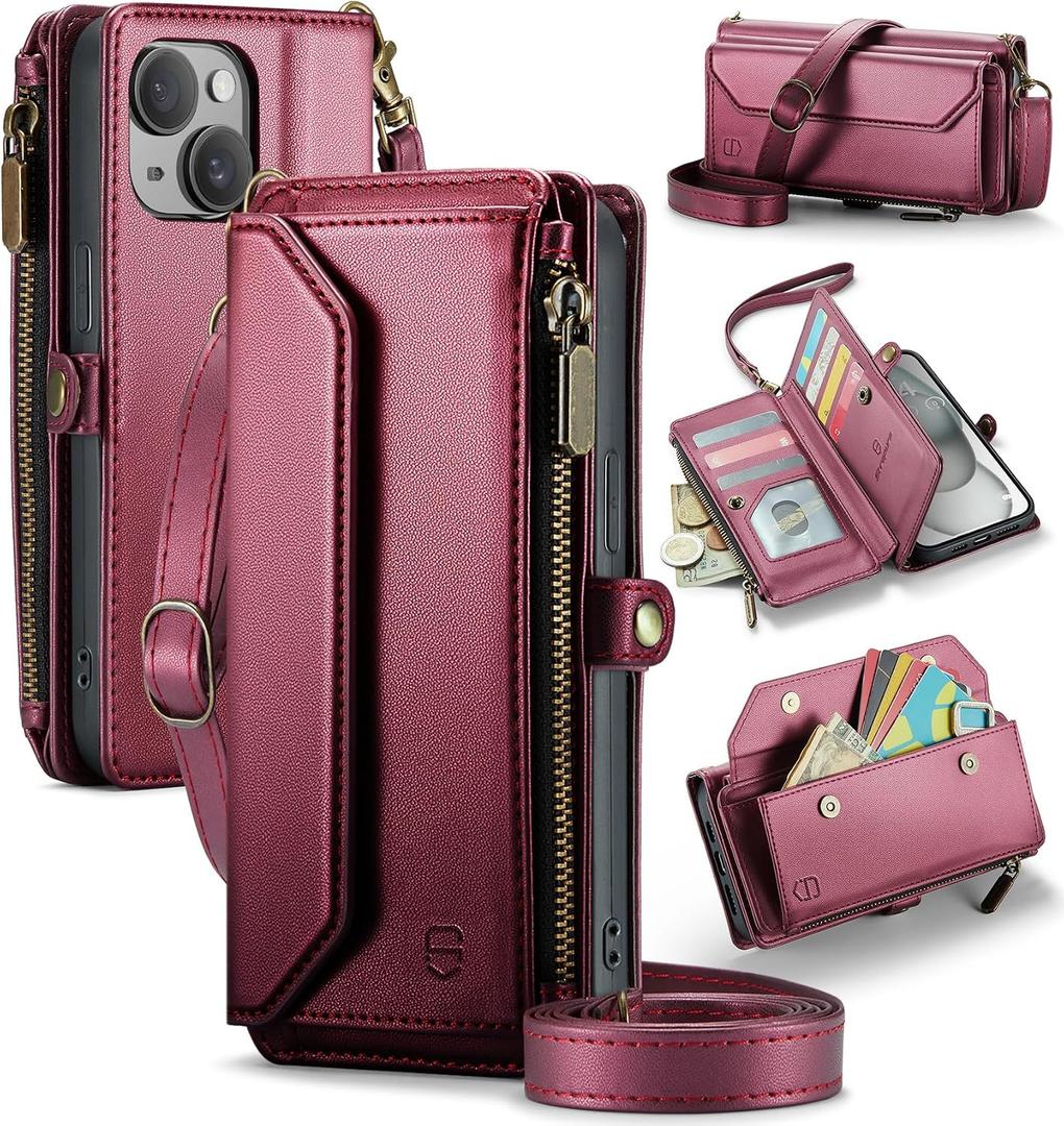 Strapurs for iPhone 15 Plus - Zipper Strap Wallet Case for Women, Wine Red | RFID Blocking 10-Card Holder, Shoulder Lanyard, Wirst Strap, Zipper Pocket, Magnetic Snap, PU Leather, Phone Cover for Women