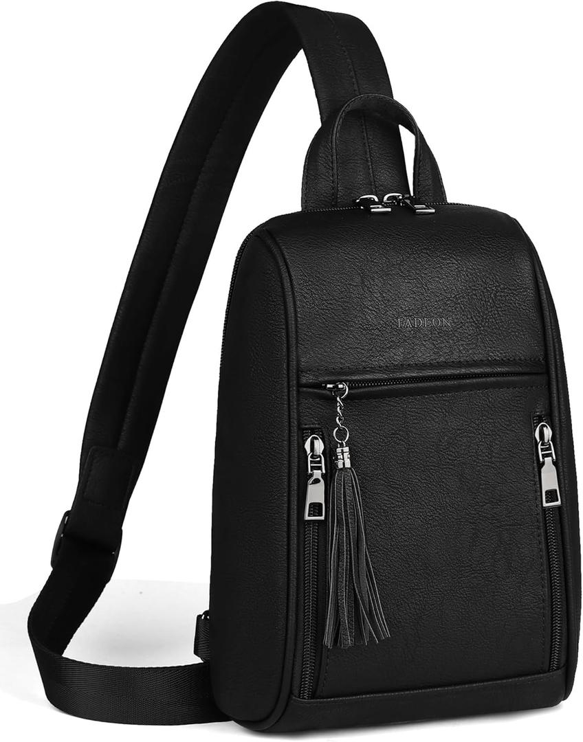 FADEON Sling Bag for Women, Crossbody Backpack with Tassels, Designer Leather Shoulder Chest Bags for Travel (A- Black Retro Style)