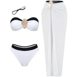 Women's Strapless Bandeau Swimsuits with Cover up Set Beach Wrap Skirt Cheeky Retro Bikini Set 3 Piece Bathing Suit , Medium