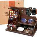 TESLYAR Wood Phone Docking Station for Men - Desk or Nightstand Organizer - Birthday Gifts for Husband, Dad - Anniversary Idea from Wife - Key Holder, Stand Wallet, Watch & Essentials (Bourbon Brown)