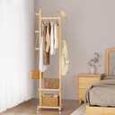 Coat Rack Freestanding Clothing Rack with Wheels & 2 Shelves Storage & 5 Hooks Heavy Duty Clothes Rack Wood Coat Tree Stand Hat Hanger Rack for Corner Bedroom Entryway Living Room Hotel (Natural Wood Color)