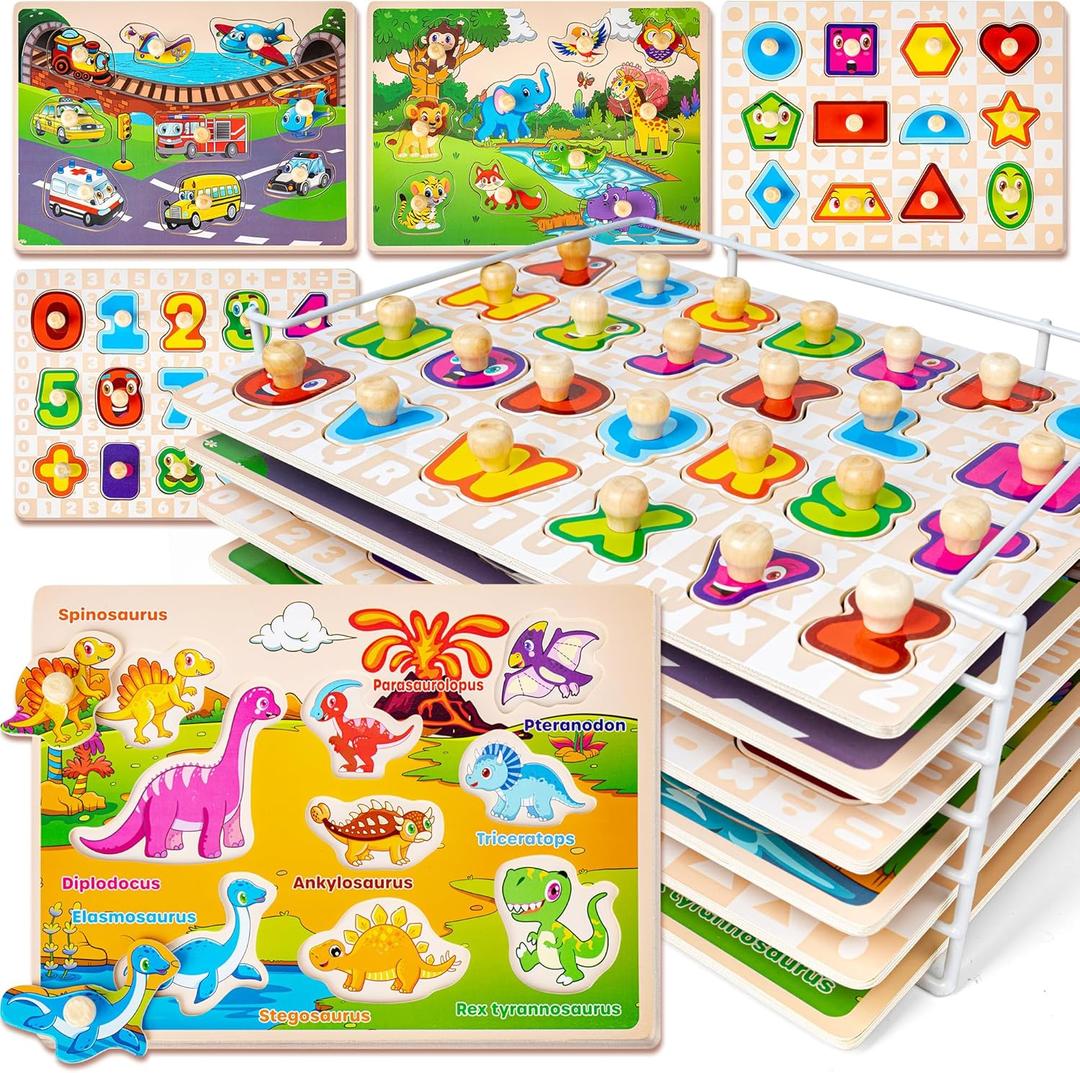 SYNARRY Wooden Puzzles for Toddlers 1-3, 6XSET Puzzles for Toddlers 2-4 with Rack, Learning Alphabet Number Animal Dinosaur Vehicle for Kids, Education Toys for 2 3 Years Boys Girls