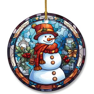 cvjutf Vintage Winter Christmas Snowman Ceramic Ornaments Decor, Rustic Stained Glass Style Snow Christmas Tree Haning Ornaments Decorations for Teen Kids, Snowman Gifts for Women Men, 3x3 Inch