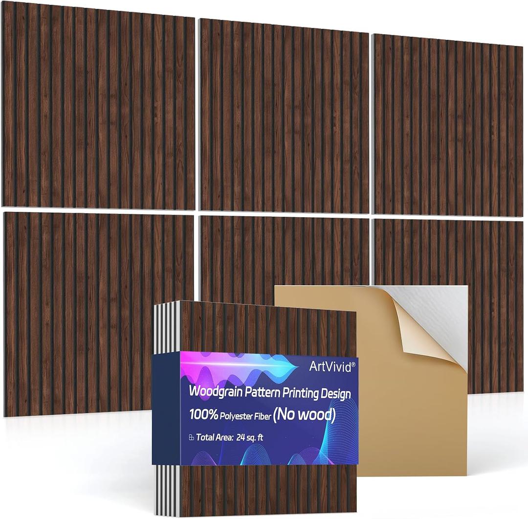 6Pack Large Acoustic Panels, Self-Adhesive Soundproof Wall Panels, Sound Proof Foam Panels for Walls, Decorative Acoustic Wall Art for Recording Studio, Home, Office, 24×24×0.4", Dark Walnut Color