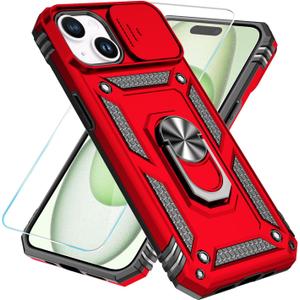 SunStory Compatible with iPhone 15 Plus Case with HD Screen Protector & Slide Camera Cover & Rotated Ring Kickstand, [Military-Grade] Phone Case for iPhone 15 Plus,Red