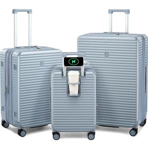 Hard Shell Suitcases Expandable Travel Luggage Sets 3 Piece, Carry on and Check in 3 Piece Luggage Suitcase Sets with Spinner Wheels Cup Holder Charger Built in (Silver, 24)