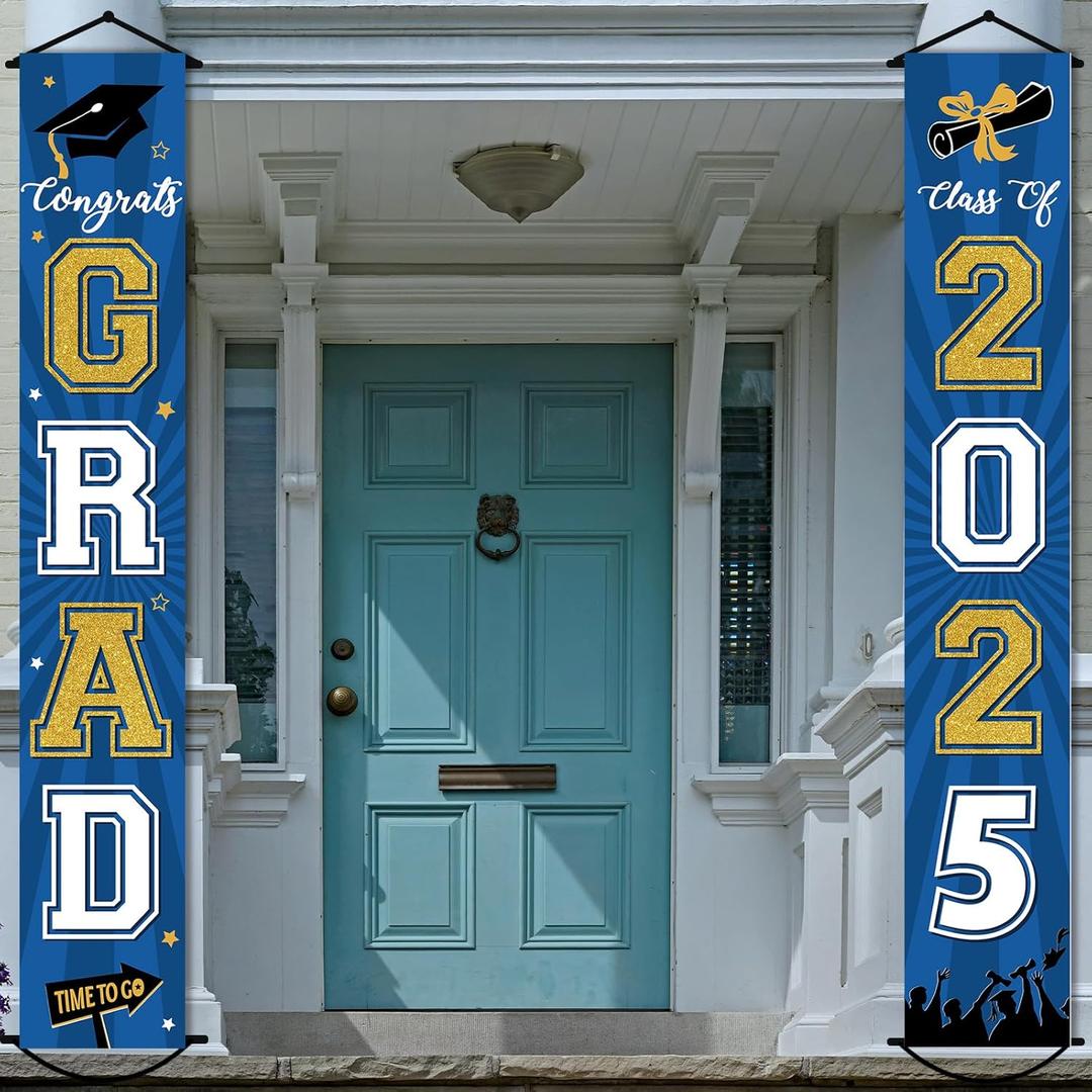 2025 Graduation Banner Class of 2025 Congrats Grad Porch Sign Party Decorations Supplies Welcome Hanging Door Decor for Indoor Outdoor(Blue and Gold)