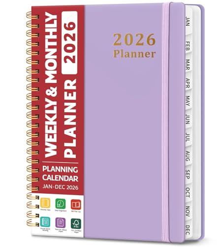 2026 Planner, Weekly and Monthly Calendar Planner, January 2026 - December 2026, Hardcover 2026 Calendar Book with Tabs For Women & Men, Inner Pocket, Spiral Bound, Perfect for Office Home School Supplies - A5 (6.3" x 8.5"), Purple