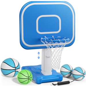 Pool Basketball Hoop, 33"x26"x50" Oversized Pool Toys with Adjustable Height Includes 4 Balls(Size 6, 2×Size 3, Glow)/ Nets/Pump for Poolside Water Basketball Game, Swimming Pool Games for Kids Adults