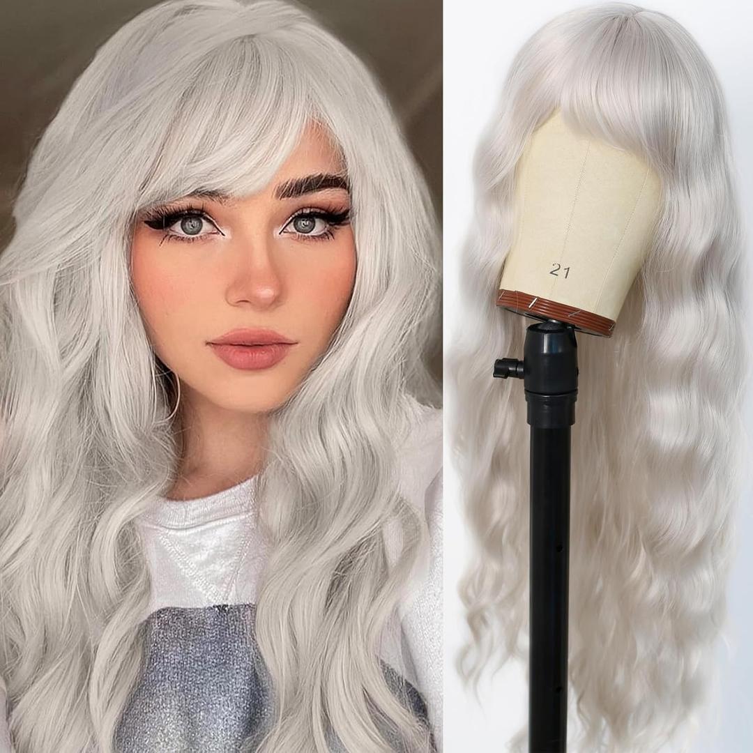 Silver Gray Wig with Bangs Grey Wigs for Women Long Curly Wig with Air Bangs Loose Wave Wig Heat Resistant Synthetic Platinum White Wig for Daily Party 24 Inch