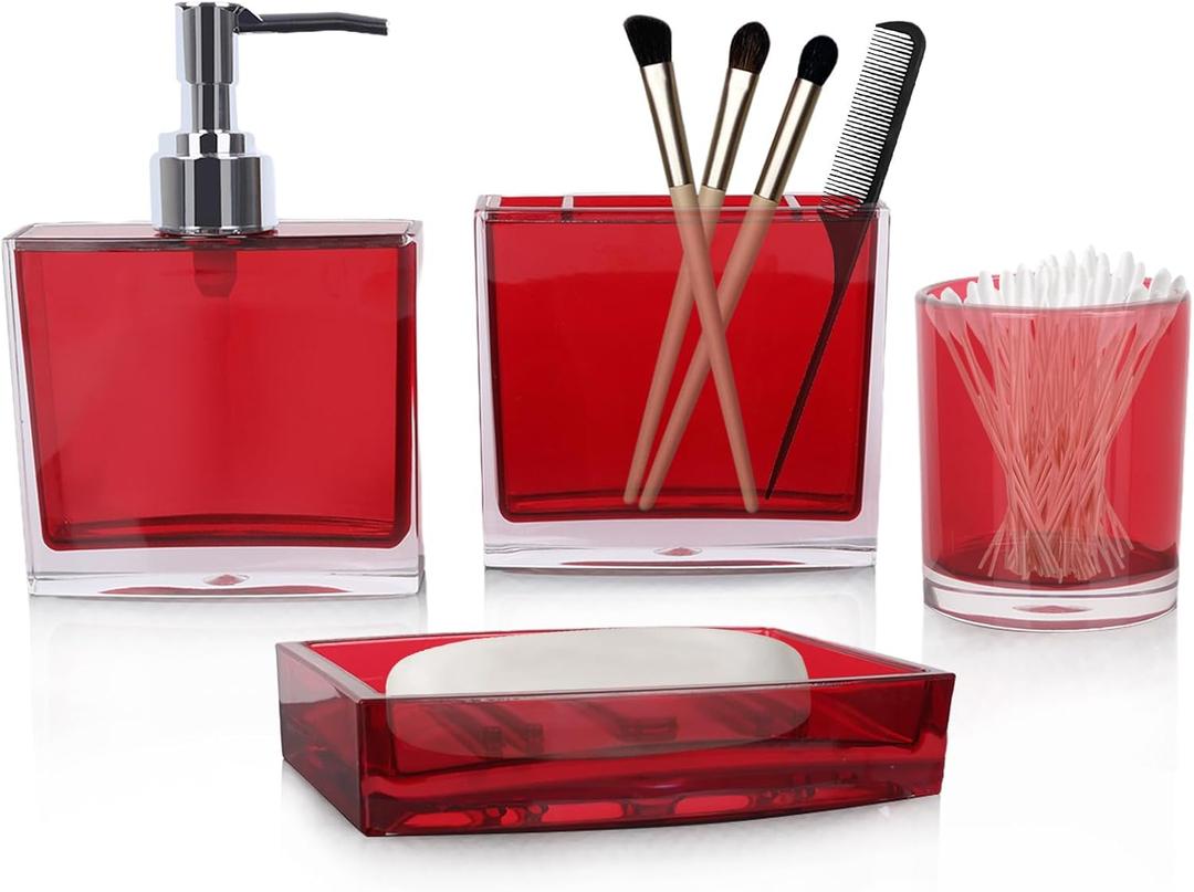 Bathroom Accessories Set Complete, 4 Piece Premium Acrylic Bathroom Accessory Set, Hand Sanitizer Bottle Lotion Can Bathroom Suit, Separate Bottle Soap Box, Mouthwash Cup Toothbrush Cup (Model 1-Red)