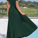 PRETTYGARDEN Women's Casual Dresses 2025 Summer Short Sleeve Ruched Patchwork A Line Pleated Swing Maxi Dress with Pockets (Dark Green,Large) (Green)