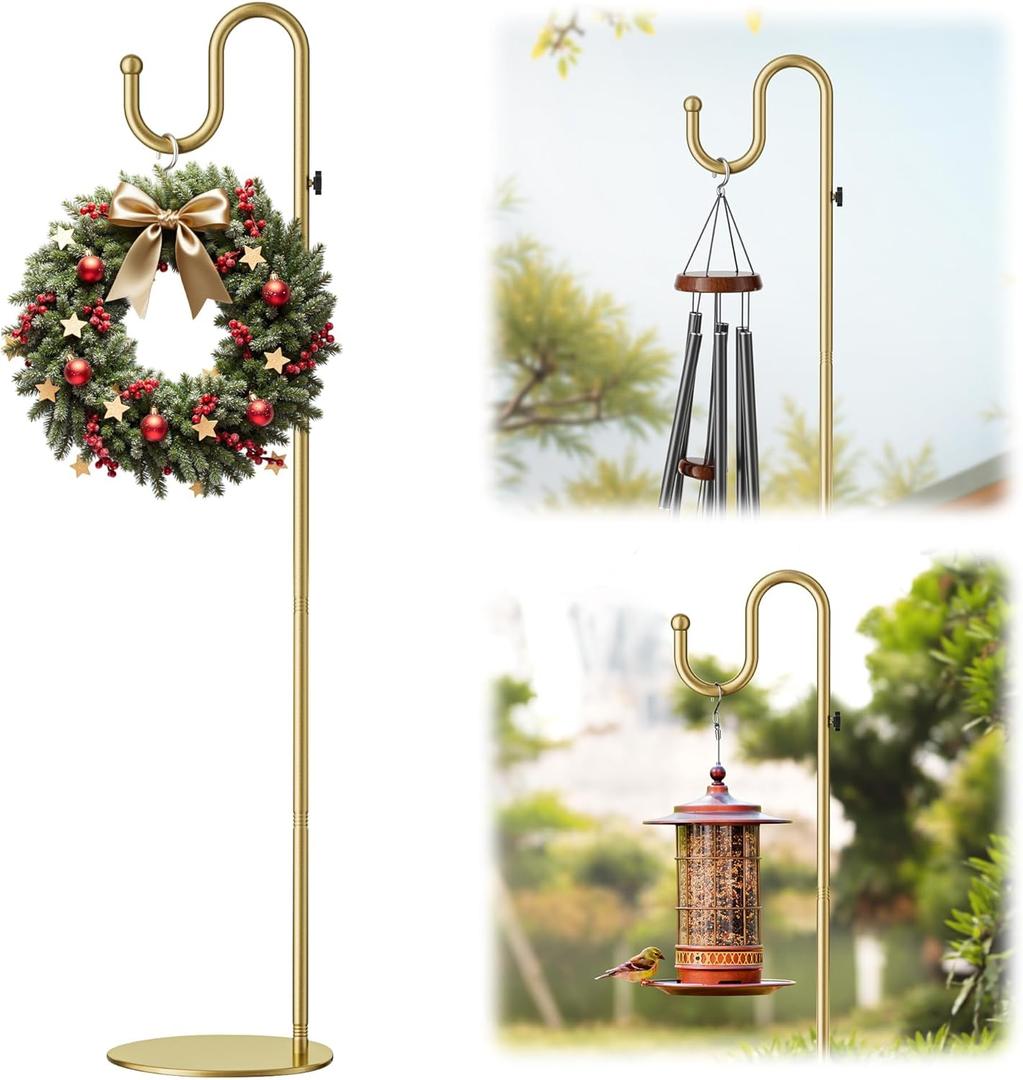74" Gold Shepherds Hook StandAdjustable Free Standing Pole Holder for Hanging Bird Feeders, Plants, Lanterns, Wreaths, and Wind Chimes, Heavy Duty Base for Indoor & Outdoor Use, Holds Up to 20 LBS