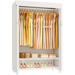 ULIFHOME H5C Plus Clothes Rack with Cover, Portable Closet for Hanging Clothes, Covered Clothing Racks Heavy Duty, Garment Racks with Shelves, Max Load 370LBS, White Closet Rack with White Cover