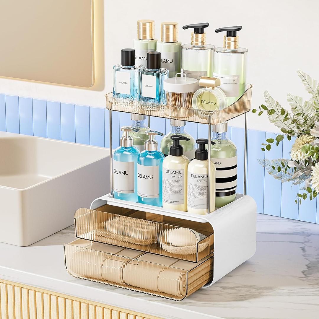 Delamu Bathroom Counter Organizer 2-Drawers 2-Tier Acrylic Makeup Organizer for Vanity Countertop, Skincare Perfume Storage, Easy Assembly, Ideal for Women, Bath Linen Sets, Amber