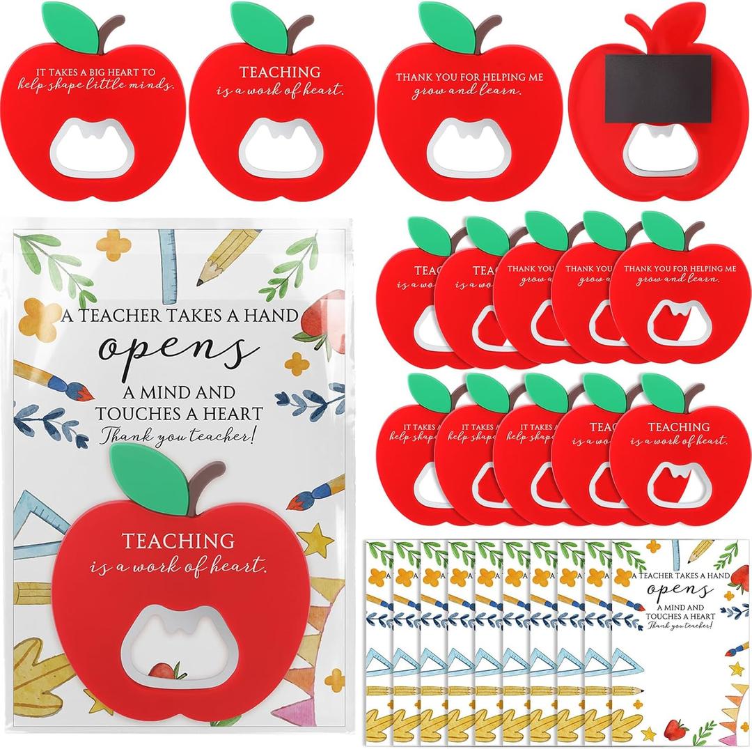 Quelay 10 Sets Christmas Teacher Thank You Gifts Apple Shape Bottle Opener Fridge Magnet with Card Teacher Refrigerator Bottle Openers Appreciation Gifts for Xmas School Party Favor