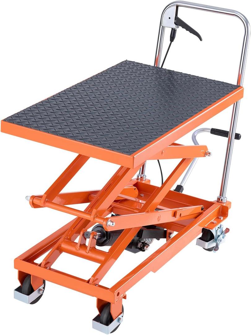 VEVOR Hydraulic Lift Table, 500 lbs Capacity, 47.2" Lifting Height, Double Scissor Lift Table Cart with 4 Wheels and Non-Slip Pad, Manual Hydraulic Lifting Cart for Material Handling & Transportation