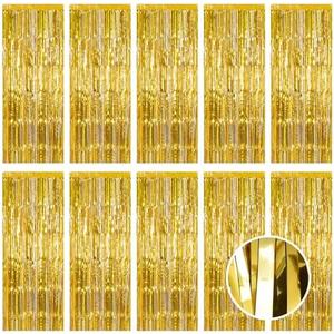 10 Pack Gold Foil Curtain Backdrop 3.2ft x 9.8ft Metallic Tinsel Foil Fringe Curtains Streamer Photo Booth Backdrop for Birthday Party Engagement Bachelorette Party Decorations (Gold)