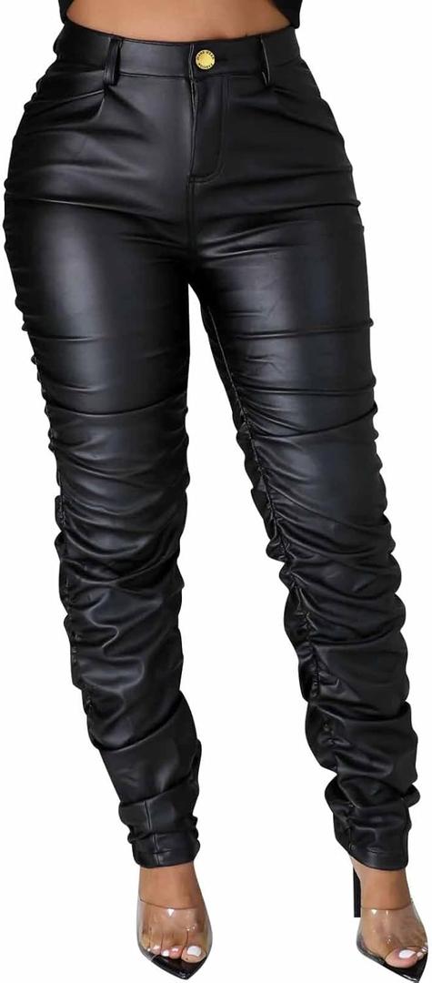 Zebaexf Women's Stretchy Faux Leather Leggings Pants,High Waist Stacked Pants for Women (Large, Black)