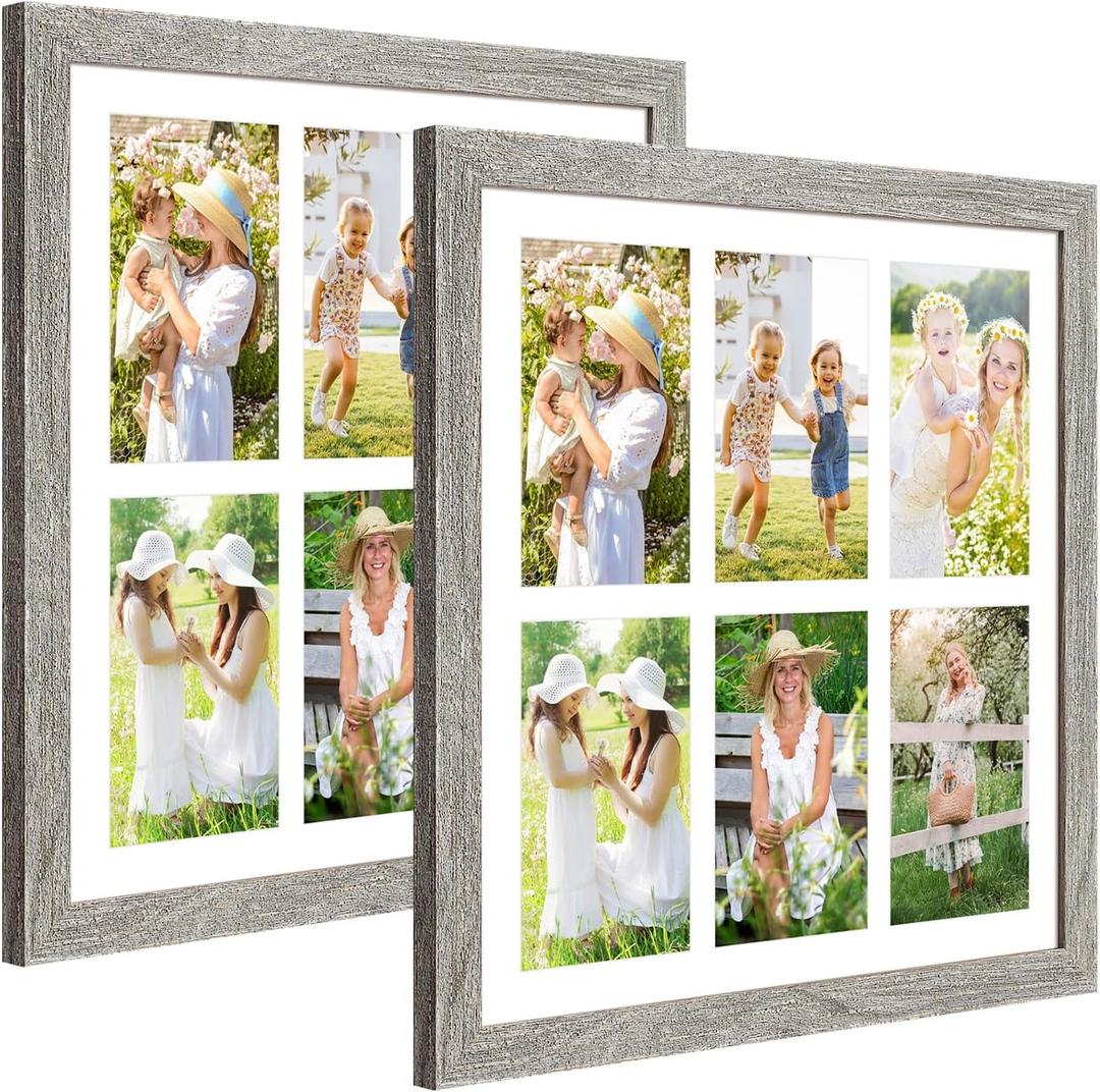 13x13 Collage frame with 6 Openings 4X6 Pictures, Multiple Picture Frame with Mat, Wall or Tabletop Decor, Grey Wood Grain,2 Pack