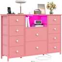 Dresser for Bedroom with 10 Drawers, Pink Storage Organizer TV Stand for 55" TV with LED Lights and Sockets, Fabric Chest of Drawers with PU Finish for Kid Room, Living Room, Hallway