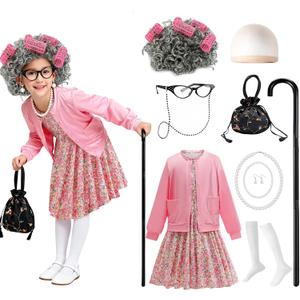 Gilrs 100th Day of School Costume Old Lady Costume Kids Grandma Dress up Accessories (8-9 Years)