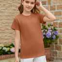 ZDC Girls Short Sleeve T Shirts Kids Summer Basic Tee Crewneck Tops | Cute Tops, Solid Color, School Shirt, 5-14 Years (Brown)