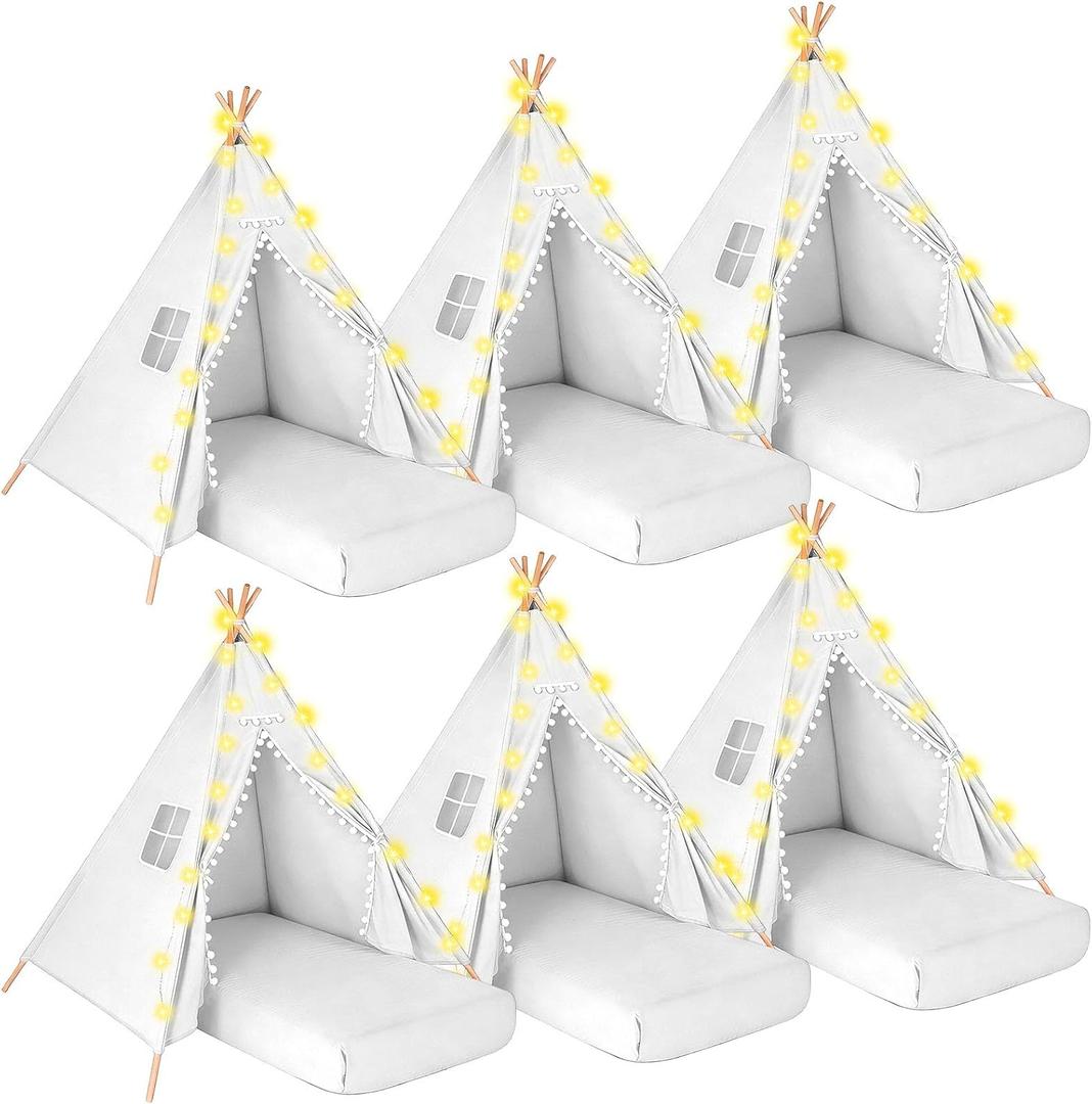 6 Pack Teepee Tent for Kids Sleepover Tent with 6 Air Mattresses (64"x28"), Star Lights, Eye Masks, Banners, Kids Teepee Tents for Boys Girls Indoor Outdoor Party Birthday Glamping (White), 64" x 28" x 8.7"