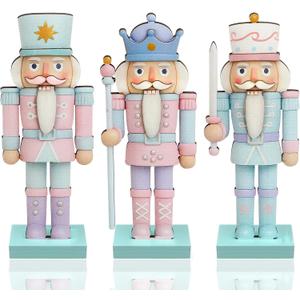 Thyle 3 Pcs Christmas Nutcracker Soldier Decorations 7 in Wooden Traditional Christmas Nutcrackers Figures Wood Veneer Vintage Xmas Tabletop Decoration for Fireplace Collectible Gifts(Pastel Color)