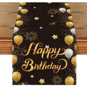 Artoid Mode Balloons Firework Happy Birthday Table Runner, Stars Holiday Kitchen Dining Table Decoration for Home Party Decor 13x72 Inch (Black)