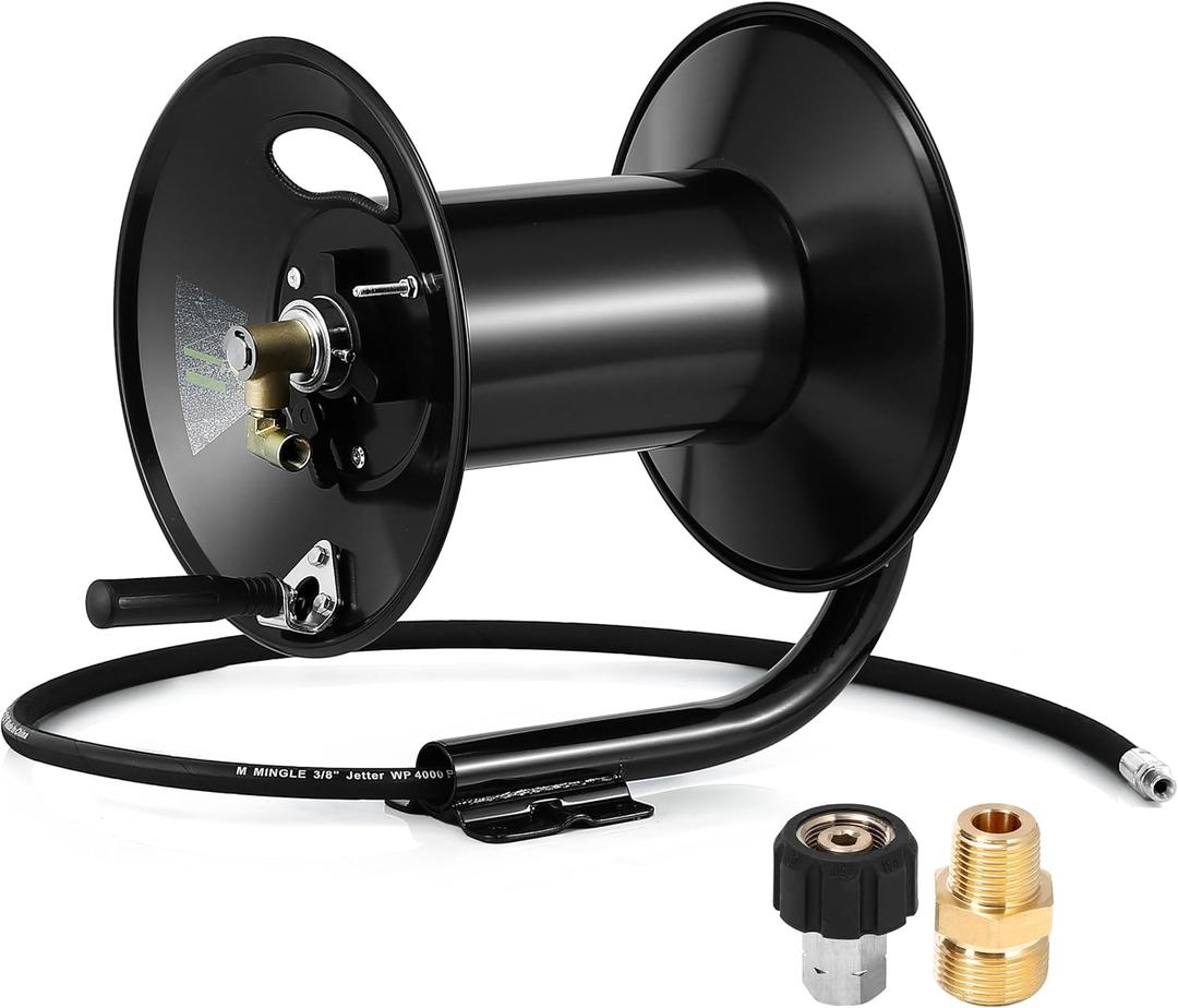 M MINGLE Pressure Washer Hose Reel 200ft, Heavy Duty Steel Hose Reel, Manual Crank Power Washer Hose Reel with Swivel Arm, 3/8" NPT Outlet Pipe, 4000 PSI