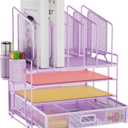 Marbrasse Desk Organizers, 4-Tier Mesh Desk File Organizer with 5 Vertical File Holders and 2 Pen Holders, Multifunction Desktop Organizer,Desk Organizers and Accessories for Home Office (Purple) (Purple Vertical File Folder)