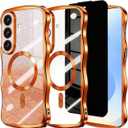 Glitter for Galaxy S26 Case with Camera Lens Protector,[Privacy Screen Protector] Bling Sparkle Protective Magnetic Phone Case for Women Shiny Gradient Cover for Galaxy S26 Orange