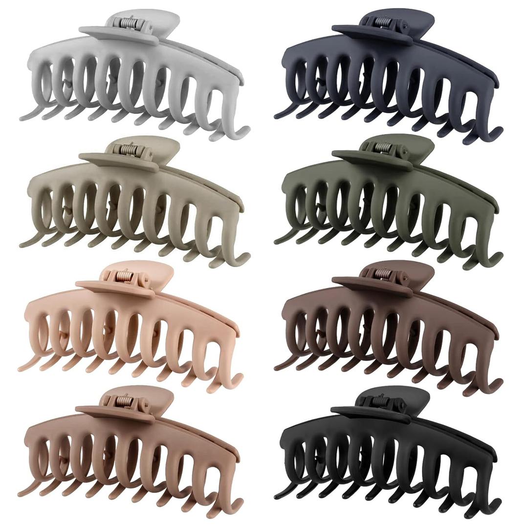TOCESS Hair Claw Clips for Women  Large Clips for Thin Thick Hair Big Neutral Claw for Curly Hair Matte Nonslip Strong Hold 4.33 Inch Jumbo Claws Jaw Set (8 Pcs) (Rounded A.Black, Gray, Brown, Beige)