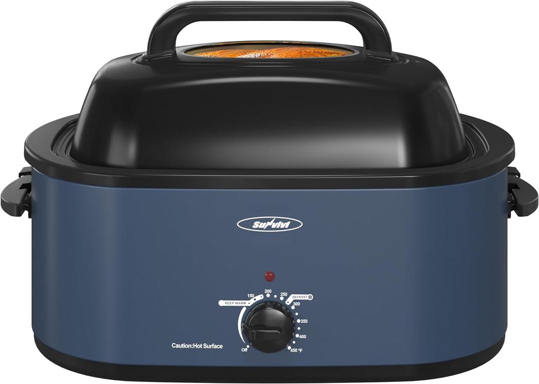 Sunvivi Roaster Oven, Electric Roaster Oven with Viewing Lid, 28lb 24-Quart Turkey Roaster with Unique Defrost/Warm Function, Large Roaster with Removable Pan & Rack, Stainless Steel, Blue, 24QT
