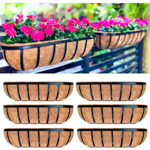 LaLaGreen Deck Railing Planter Boxes for Plants (24 Inch, 6 Pack) Metal Wall Planters for Outdoor Plants, Black Window Flower Boxes Deck Railings with Coco Liner Fence Balcony Patio Porch Over Rail