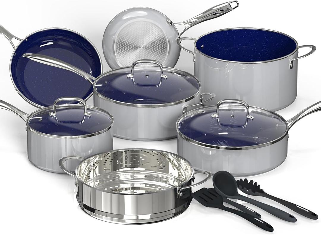 DUXANO 14-Piece Ceramic Cookware System, Complete Kitchen-in-a-Box Set with Grill Pan, Steamer & Utensils, PFAS-Free Nonstick Induction Cookware, Forged Aluminum Even Heat Set, Large