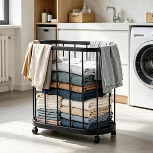 Rolling Laundry Basket with Wheels, Portable Metal Laundry Basket Cart, Capacity Upgrade Metal Cloth Basket Hamper for Laundry Living Room, Bathroom, Bedroom (Black), 23.6" x 22.8" x 11.8"