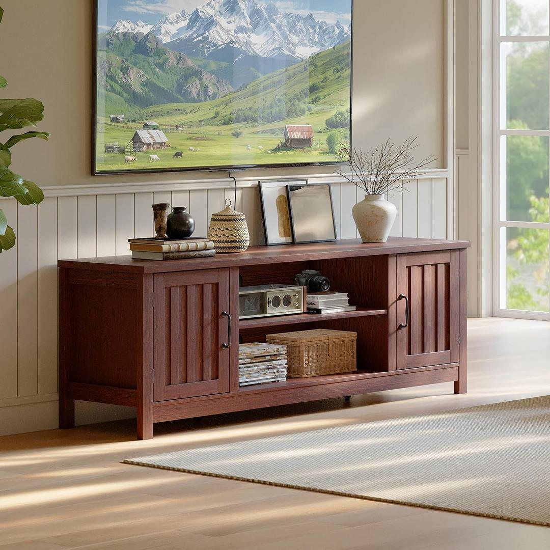 ChooChoo 54" Farmhouse TV Stand for TVs up to 65 inches, Entertainment Center with Storage Cabinets, Open Shelves and Fluted Door, TV Console Table for Living Room, Bedroom, Walnut, 15.35"D x 53.94"W x 19.69"H