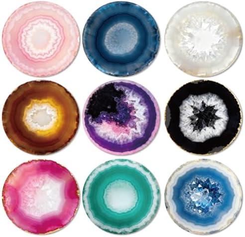 ANATTASOUL Coasters Set of 9 Natural Geodes Pattern Colorful Wooden Coasters Bulk Round Housewarming Gift for New Home, 3.9" Decorative Coffee Table Protection for Farmhouse Bar House Decor