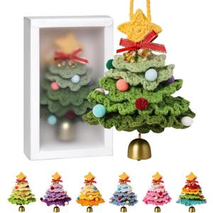 JSSTEM Handmade Crochet Christmas Tree, Hand-Knitted Ornaments Car Pendant with Bells, Stars, Bows & Pom Poms, Cotton Xmas Decor for Holiday Tree, Festive Gift, Home, Car and Party Decor, Green
