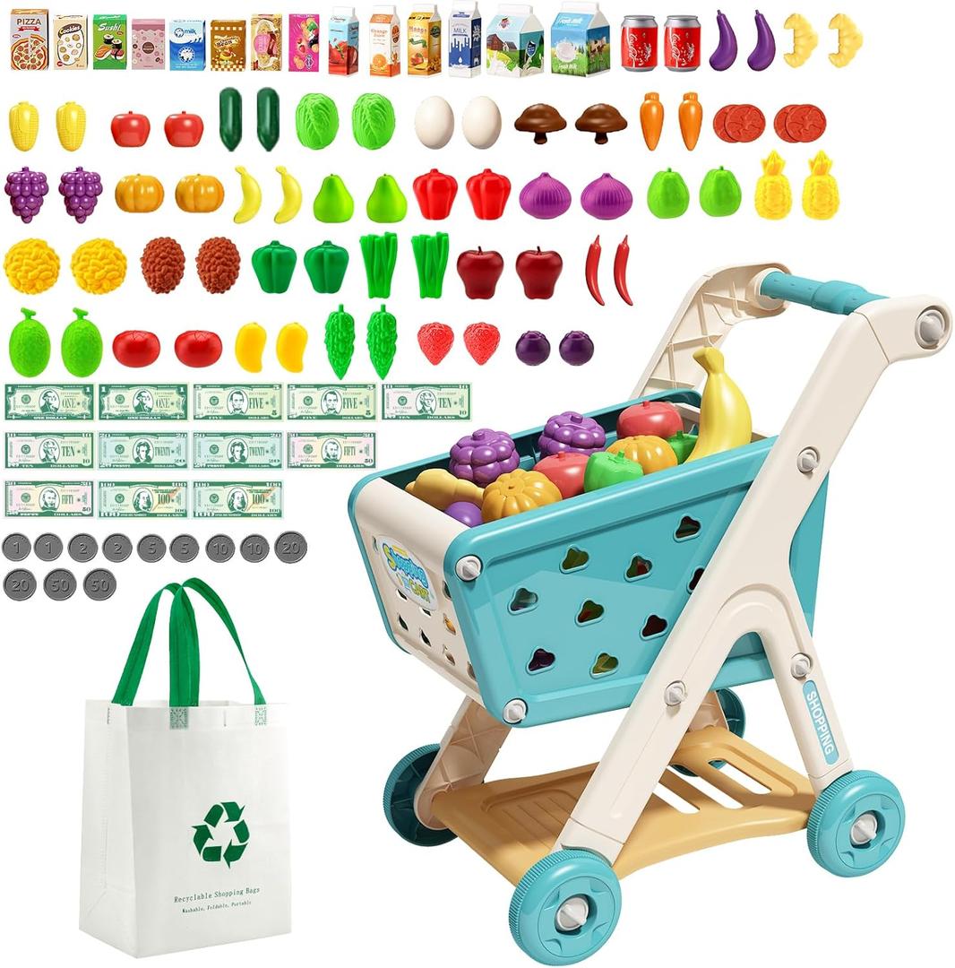 Jovow 102pcs Kids Shopping Cart Trolley Play Set with Pretend Food and Accessories,Perfect for Ages 3+ Pretend Play and Role-Playing Games