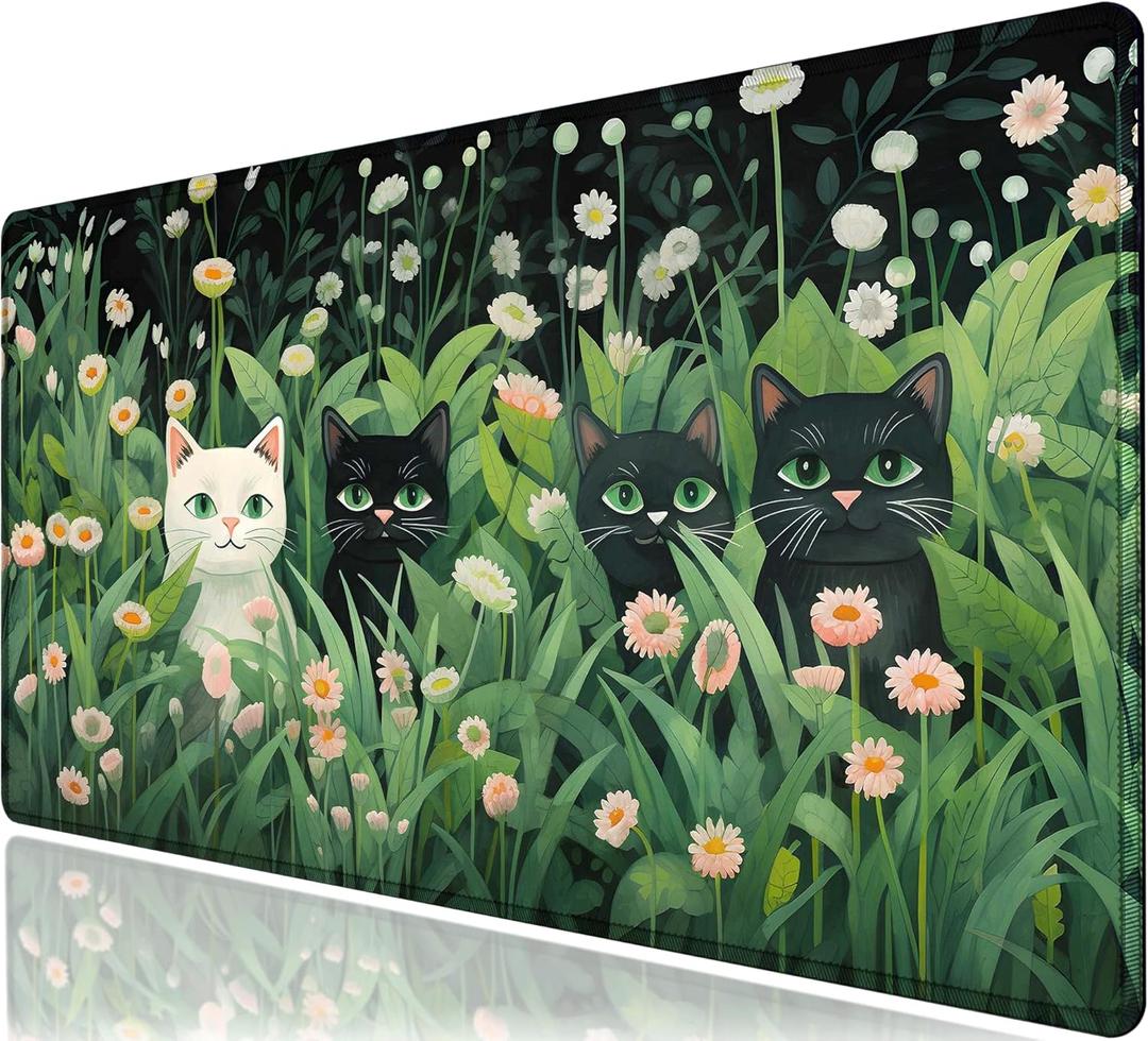 Large Extended Gaming Mouse Pad with Stitched Edges,Green Desk Mat XL Cool Desk Pad Keyboard Mat,Kawaii Cute Cat Flower Mouse Pad Desk Mat Desk Decor with Non-Slip Rubber Base,Large Computer Mat (B1)