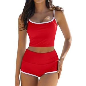 QINSEN Women's Two Piece Swimsuit Spaghetti Strap Crop Top with High Wasited Boyshort Style Bikini Bottom, M