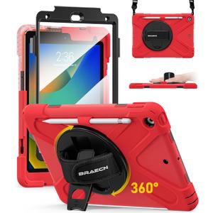 BRAECN for iPad 9th/8th/7th Generation Case,Heavy Duty Shockproof Case with Screen Protector, Pencil Holder, Pencil Cap Holder, Hand Strap, Kickstand,Shoulder Strap for iPad 10.2 Inch 2021/2020/2019 (Red)