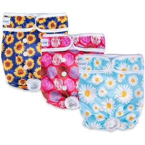 Pet Soft Washable Female Diapers (3 Pack) Female Dog Diapers, Comfort Reusable Doggy Diaper for Girl Dog in Period Heat (Cute Flower, M)