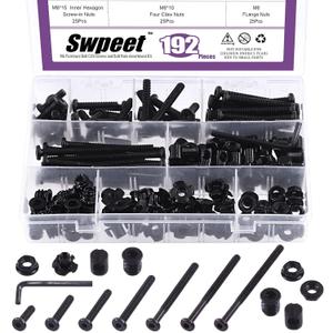 Swpeet 192Pcs M6  20/30/40/50/60/70/80mm Black Zinc Flat Head Hex Socket Cap Baby Crib Bed Bolts and Threaded Insert Nuts with Flange Nuts and 4 Pronged Tee T Nuts Kit with Allen Wrench