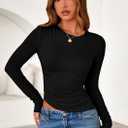 PRETTYGARDEN Womens Long Sleeve Shirts 2026 Fall Trendy Crewneck Slim Fit Asymmetrical Going Out Tops Ruched Tee Y2k Clothes (Black, L)