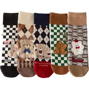Women Crew Socks Casual Cotton Checkerboard Socks with Cartoon Bear Above Ankle Athletic Socks for Women 5 Pairs Size 5-9